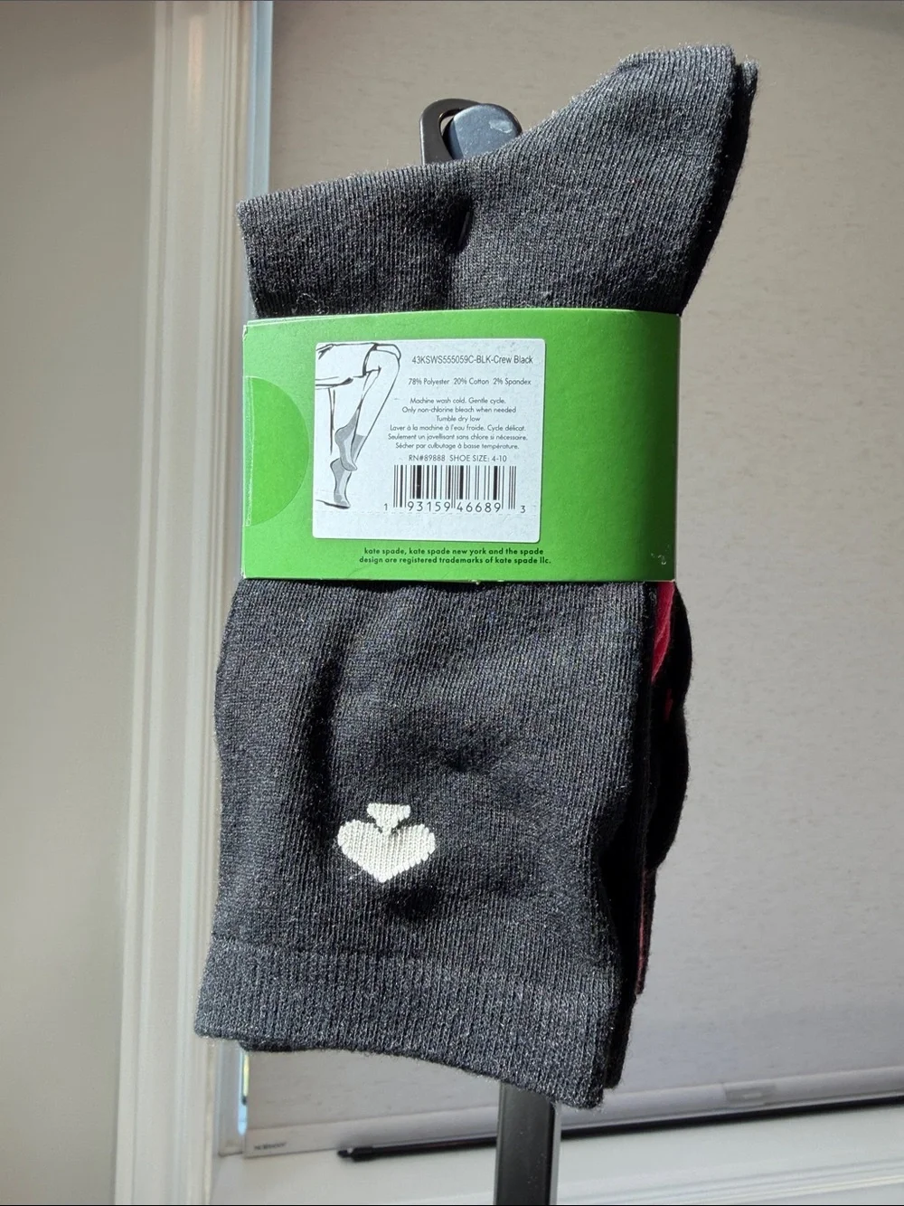 kate spade Black Crew Socks with Pink Heart Motif - 3 Pack